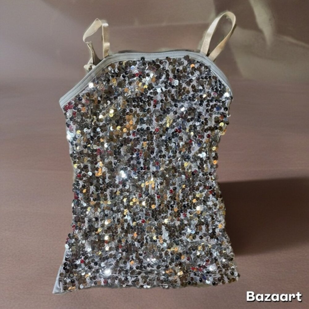 SZ 6 Girls Silver Sequin Stretch Tank Top